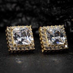 Iced Princess Cut Square Shape Cubic Zirconia Gold Plated Men's Stud Earrings
